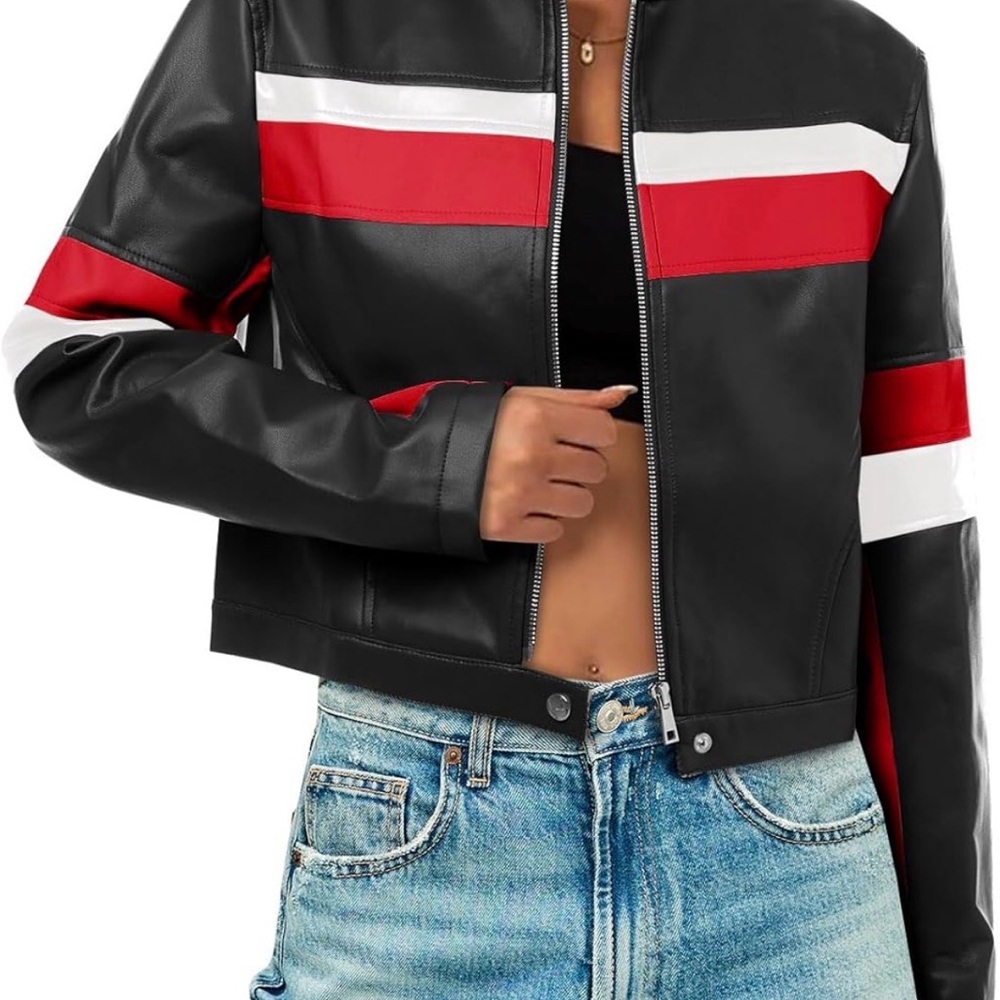 Women's Black Faux Leather Moto Jacket with Red & White Stripes